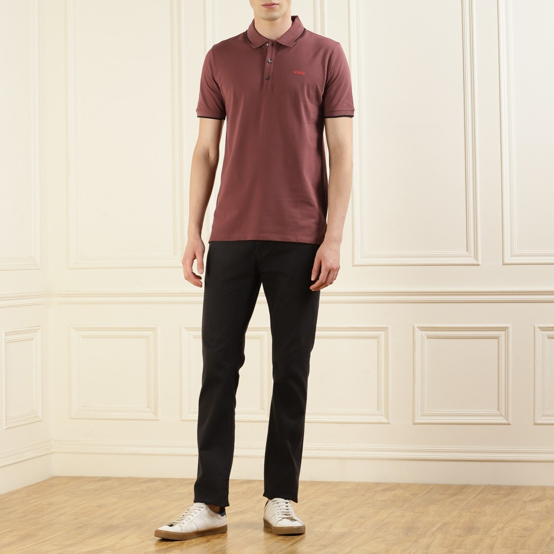 Men Dark Brown Solid Tipped Collar Polo Hugo- The Collective