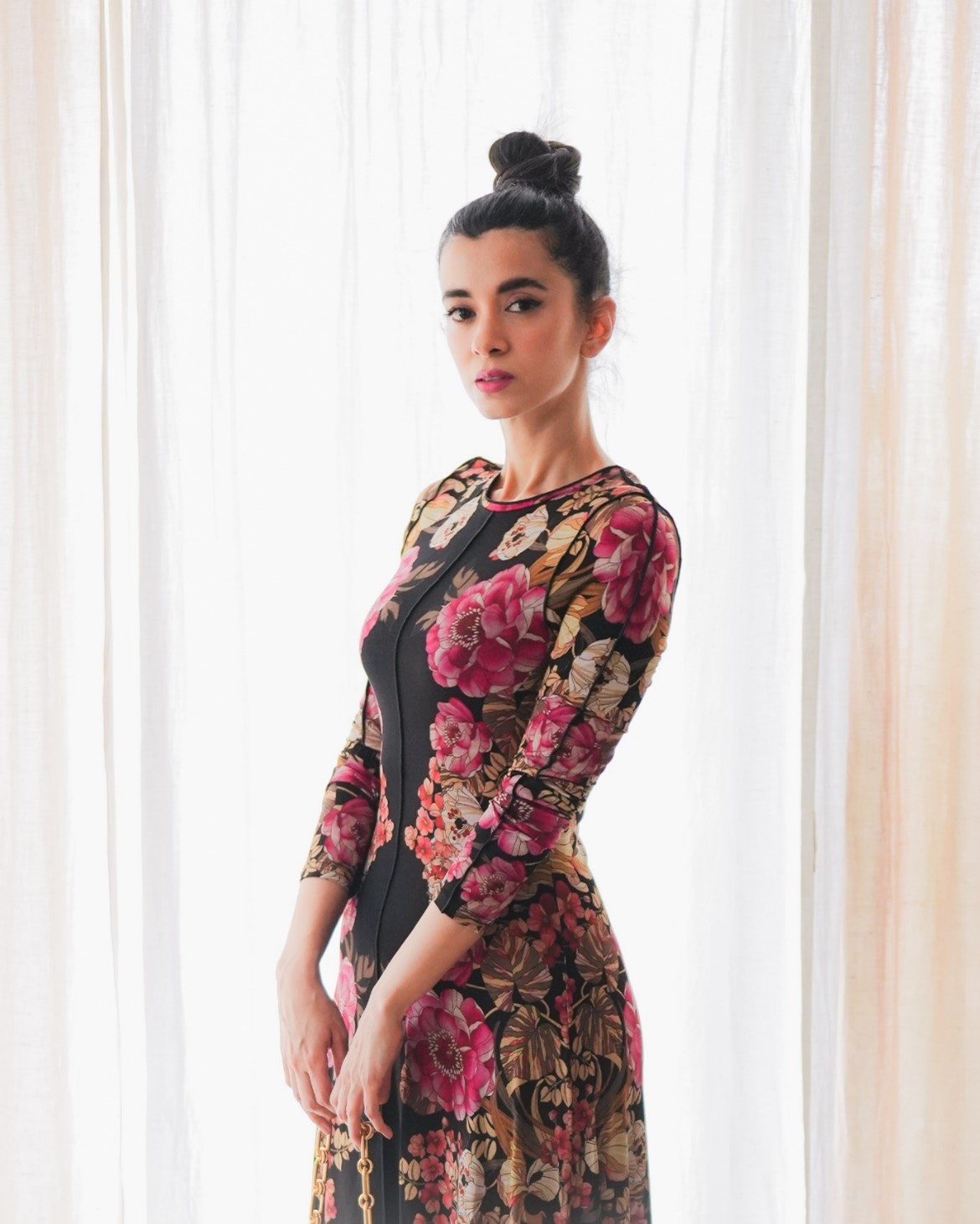 Saba Azad wearing Ted Baker’s floral printed skimming dress